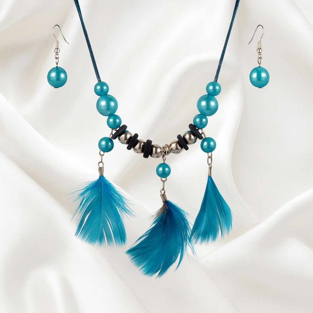 Turquoise Bead & Feather Necklace w/ Matching Earrings — 28" Green Leather Cord